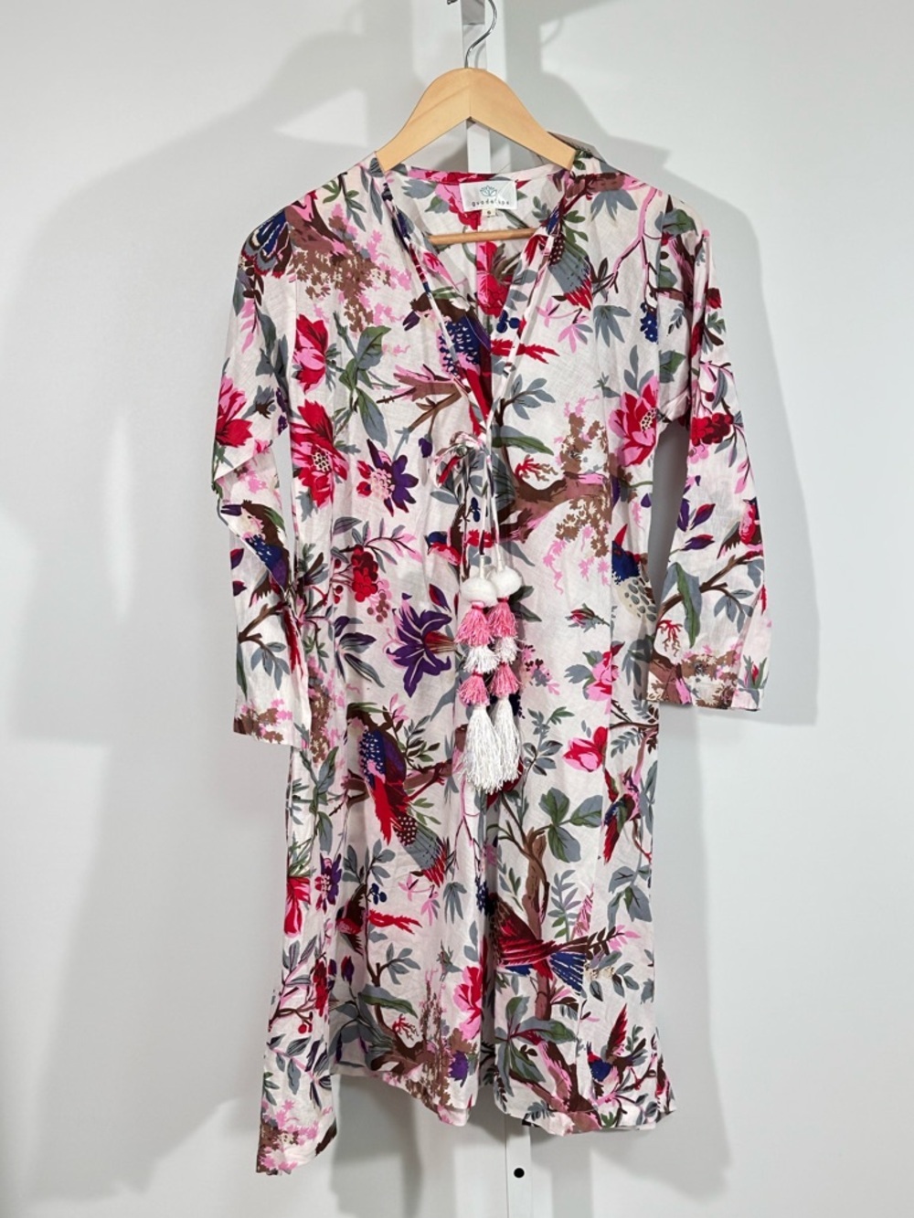 Guadalupe floral bird print mini dress pockets boho cottagecore NWT